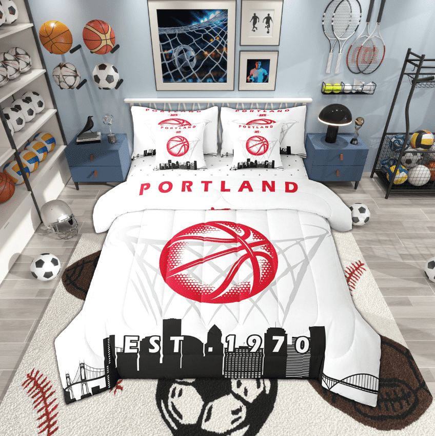 7 Pcs Comforter Set Twin Size,Basketball City Bed in a Bag with Flat Sheet and Fitted Sheet and Adults,Sports Bedding Set with Pillowcase and Sham,Portland
