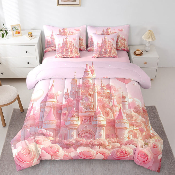 Castle Bed in a Bag 7 Piece Full Size Cute Cartoon Castle Bedding Princess Decor Bedding Set with Comforter, Pink Floral Print Bed Set Romantic Themed Sheet Set