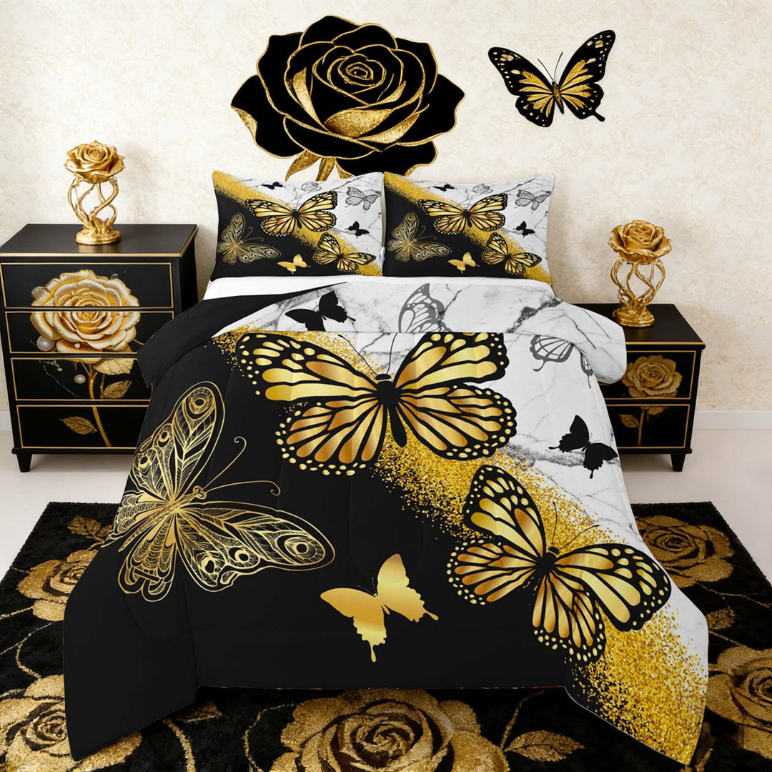 Manfei Gold Black Butterfly Bedding Sets Full with Comforter, Aesthetic Marble Duvet Insert, Wild Animal Comforter Sets Full Size, Microfiber Room Decor, 3pcs Reversible