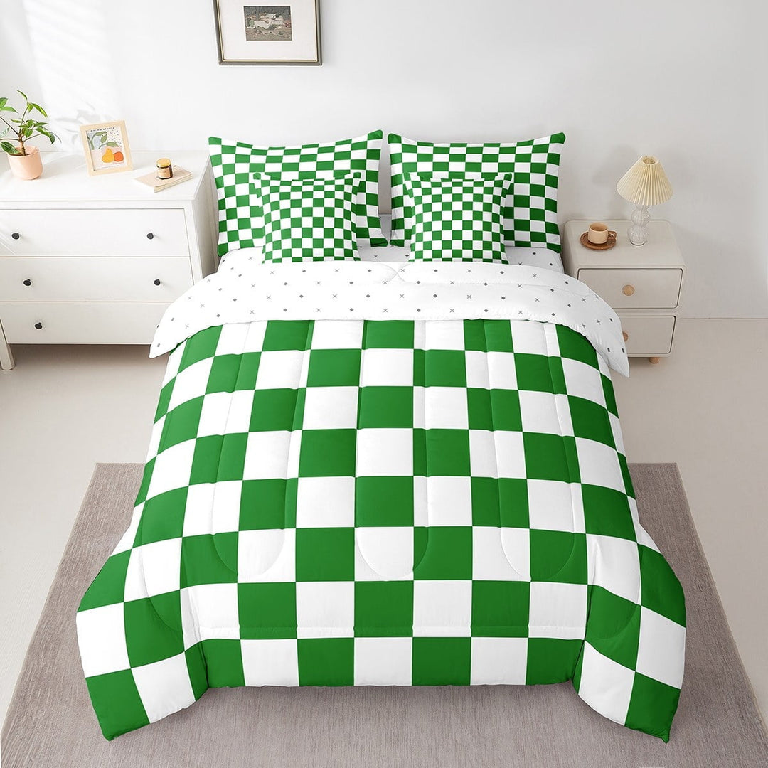 Erosebridal Green Check Plaid Bedding Sets Twin Size, Geometric Comforter Sets with Sheets, Farmhouse Gingham Decor, Reversible 7 Pieces