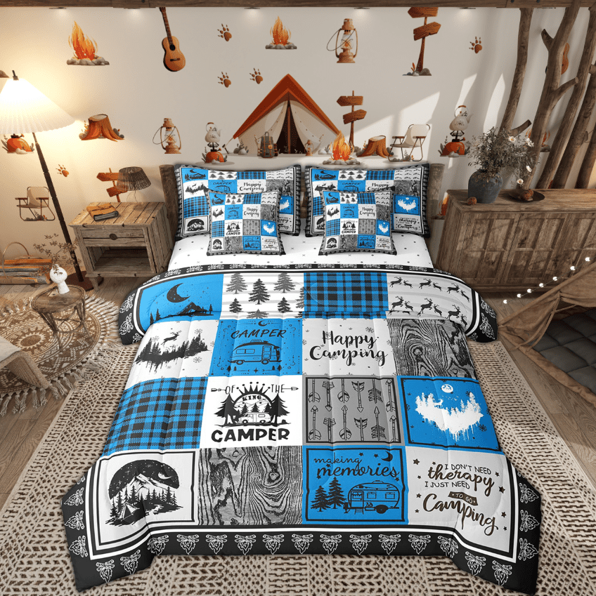 Erosebridal 7 Piece Rv Camper Queen Bed in a Bag,Happy Camping Comforter Set Blue Buffalo Plaid Decor,Rustic Cabin Patchwork Bedding Set with Sheets,Travel Trailer Bed Set with Pillowcases