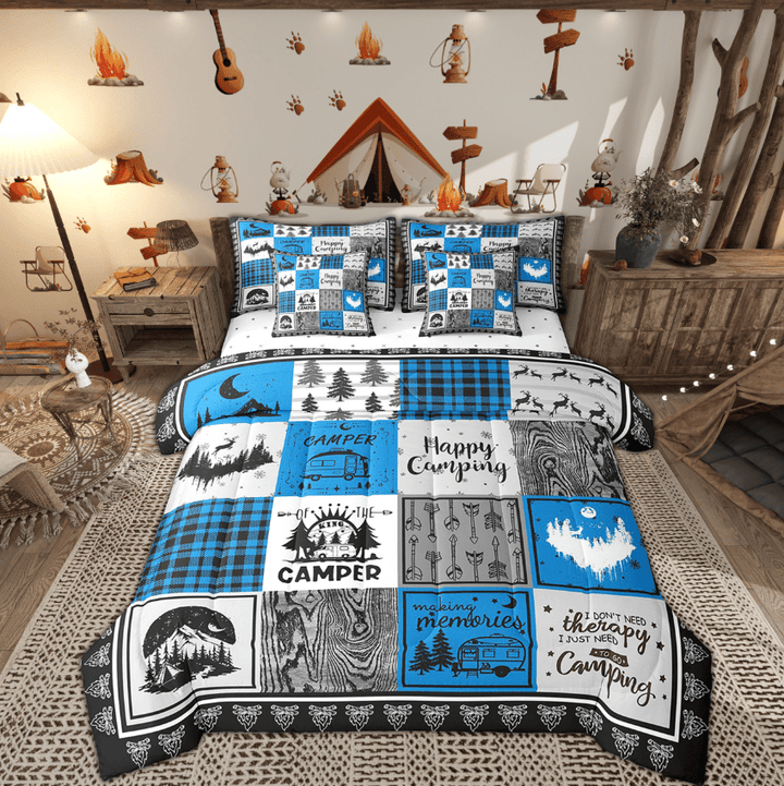 Erosebridal 7 Piece Rv Camper Queen Bed in a Bag,Happy Camping Comforter Set Blue Buffalo Plaid Decor,Rustic Cabin Patchwork Bedding Set with Sheets,Travel Trailer Bed Set with Pillowcases