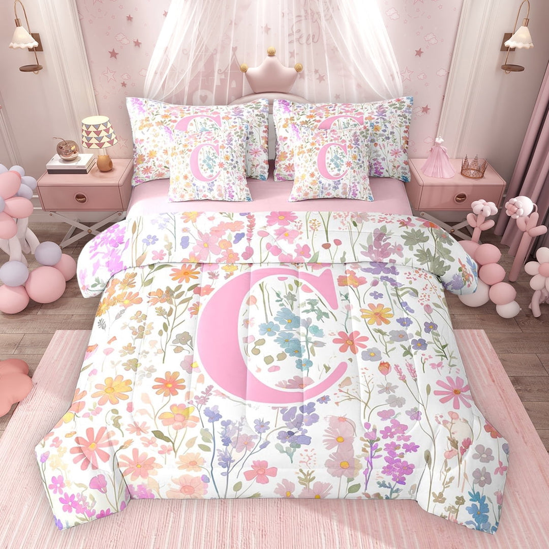 Erosebridal Girls Pink Flower Twin Bedding Sets, Garden Floral Bedding Comforter Set, Letter C, Pink Reversible, 7pcs