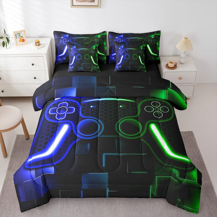 Gaming Comforter Set 7 Piece,Gamer Bed In A Bag Teen Cool Video Game Black Bedding Set,3D Gaming Geometric Lightweight Sheet Set With Comforter(Blue Green Black,Full)