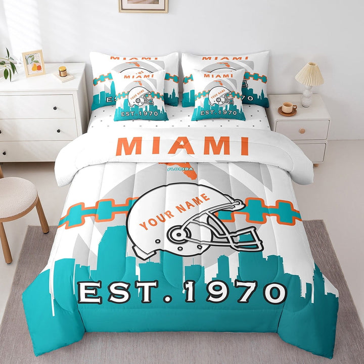 Erosebridal 7 Pcs Comforter Set Twin Size,Customized Football Bed in a Bag with Flat Sheet and Fitted Sheet and Adults,Football Bedding Set with Pillowcase and Sham(Miami)