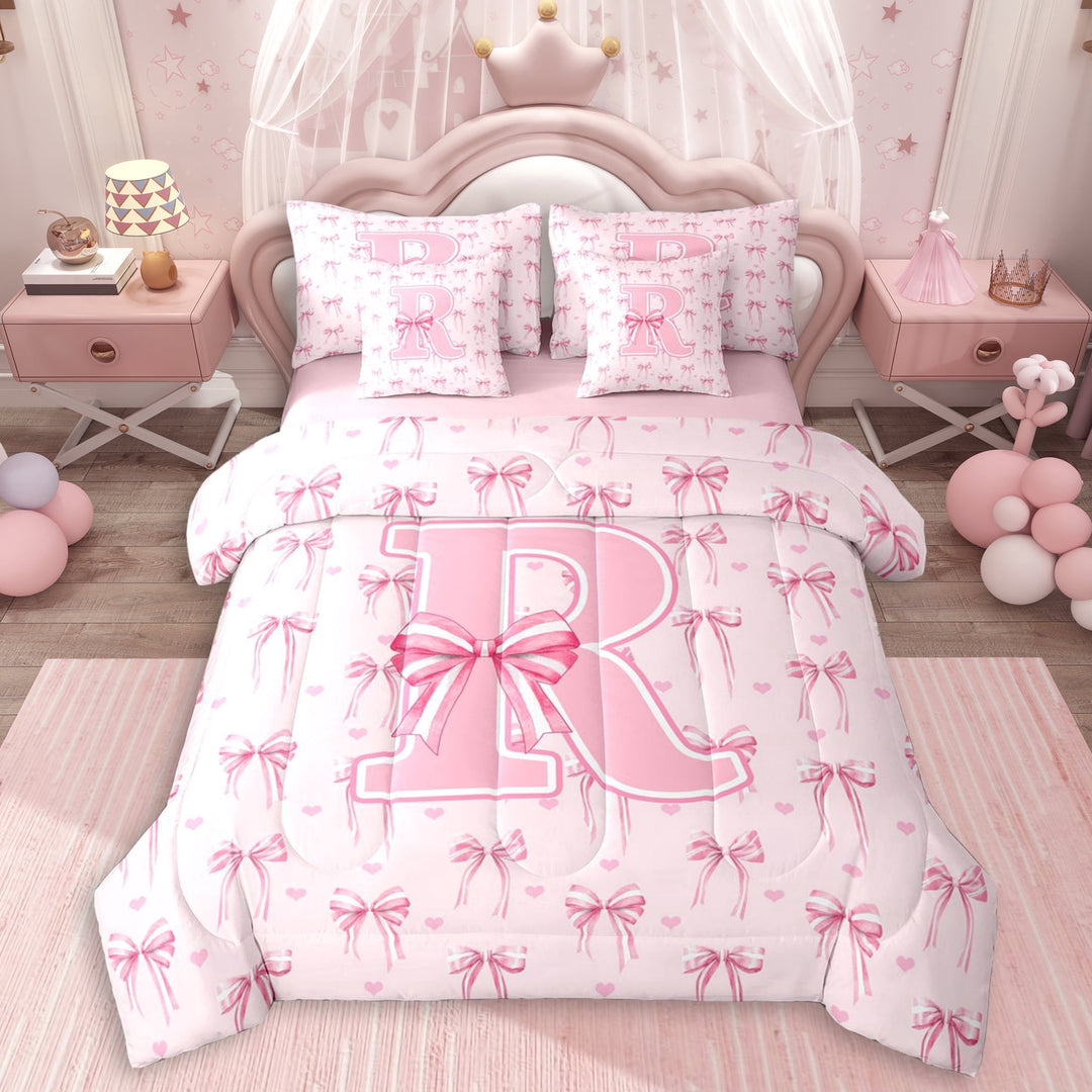 Erosebridal Kawaii Pink Ribbon Bowknot Girl Twin Bedding Sets 7-Piece,Teens Kids Love Heart Letter Monogrammed R Bedding Comforter Set,Pink Reversible