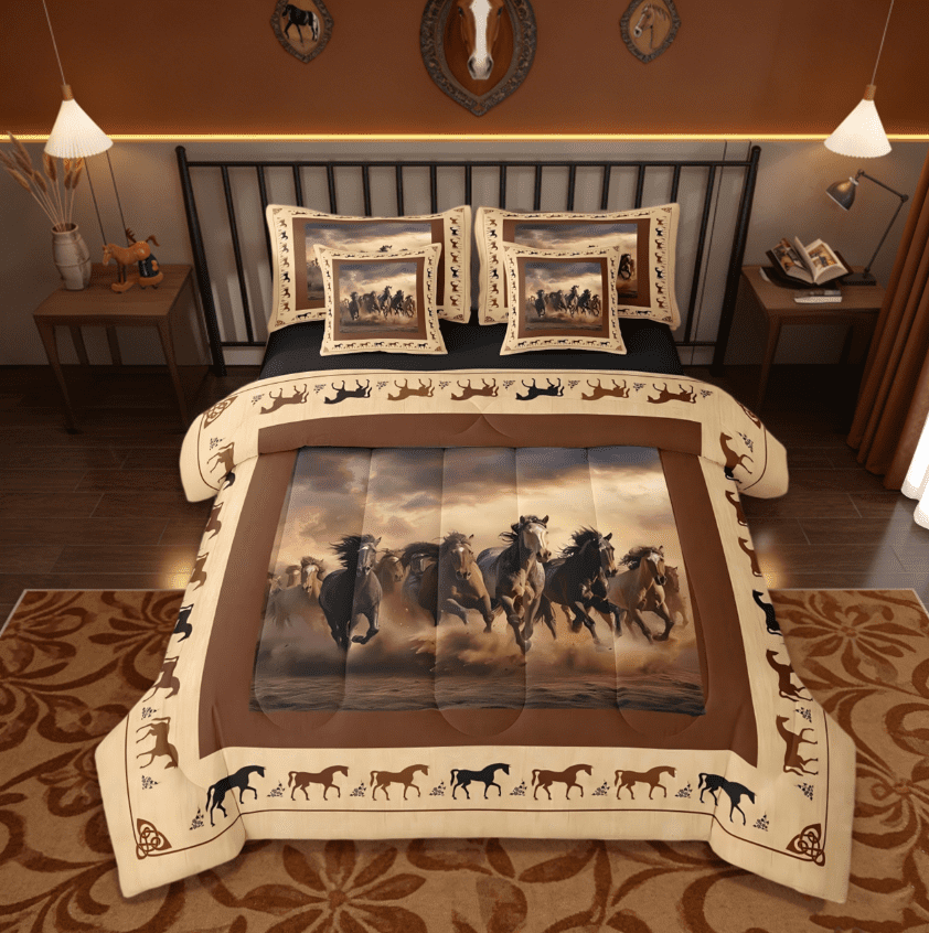 Manfei Cute Animal Horse 7 Pieces Bedding Comforter Set Galloping Horse Kawaii Farm Cowboy Full Bedding Set,Brown Reversible