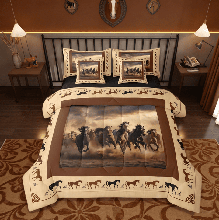 Manfei Cute Animal Horse 7 Pieces Bedding Comforter Set Galloping Horse Kawaii Farm Cowboy Full Bedding Set,Brown Reversible