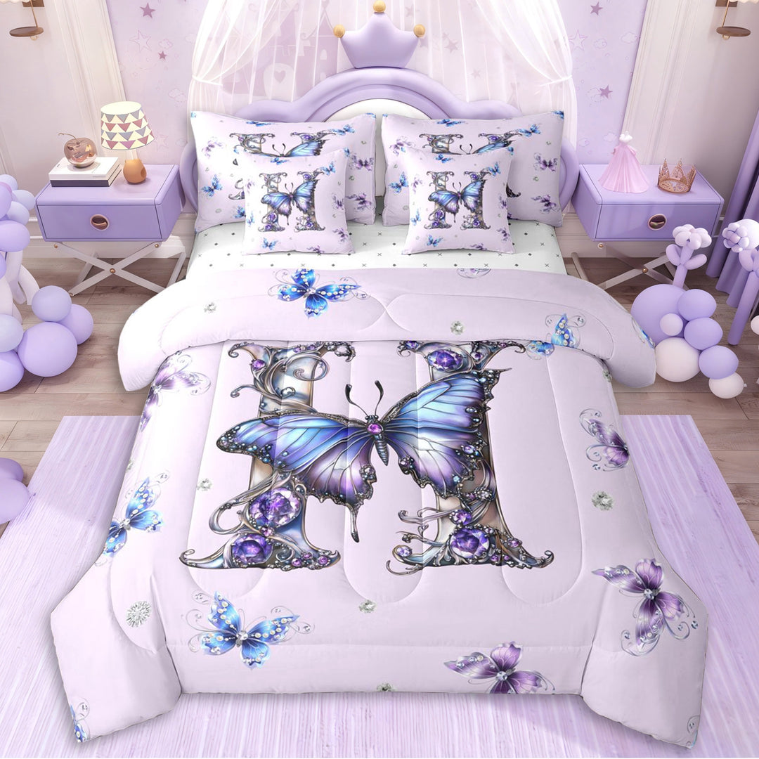 Erosebridal Purple Crystal Letter Monogrammed H Twin Bedding Sets 7-Piece For Teens,Girls Flying Butterflies Bedding Comforter Set,Super Cozy Room Decor