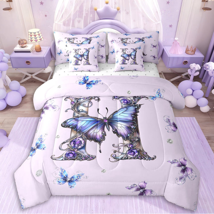 Erosebridal Purple Crystal Letter Monogrammed H Twin Bedding Sets 7-Piece For Teens,Girls Flying Butterflies Bedding Comforter Set,Super Cozy Room Decor