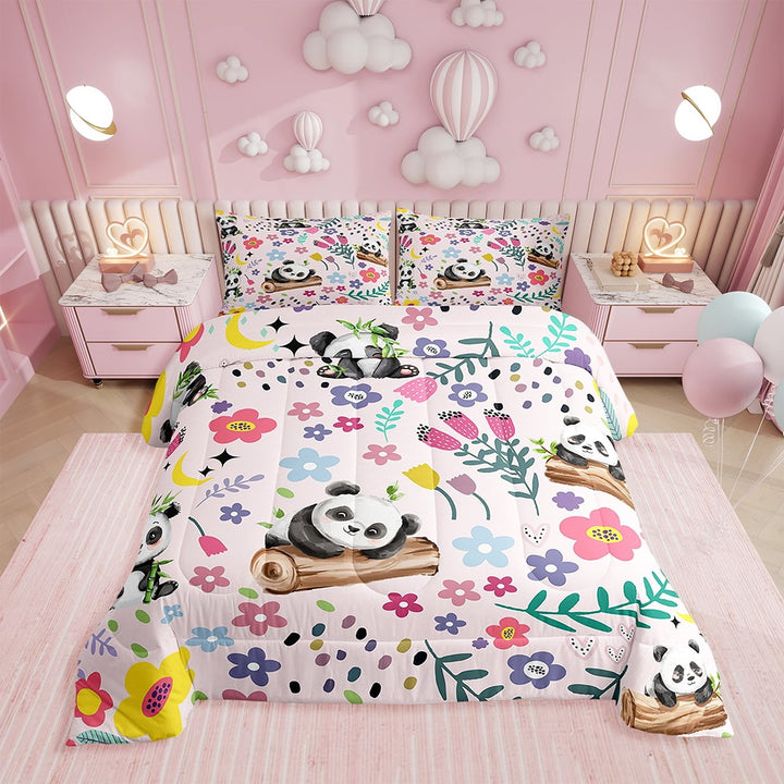 Floral Panda Comforter Twin Panda Bedding Set Cartoon Animal Comforter Sets,Cute Botanical Flower Leaves Moon Bed Sets with 1 Pillowcase Bedroom Decor