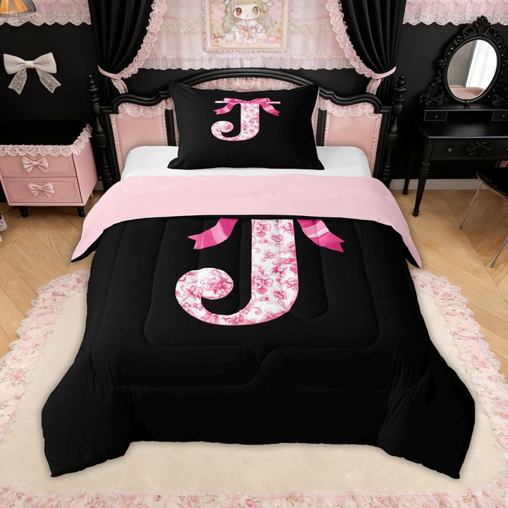 Erosebridal Pink Floral Letter J Bow Twin Comforter Sets for Girls Women, Princess Bowknot Bedding Set, Reversible, 2-Piece
