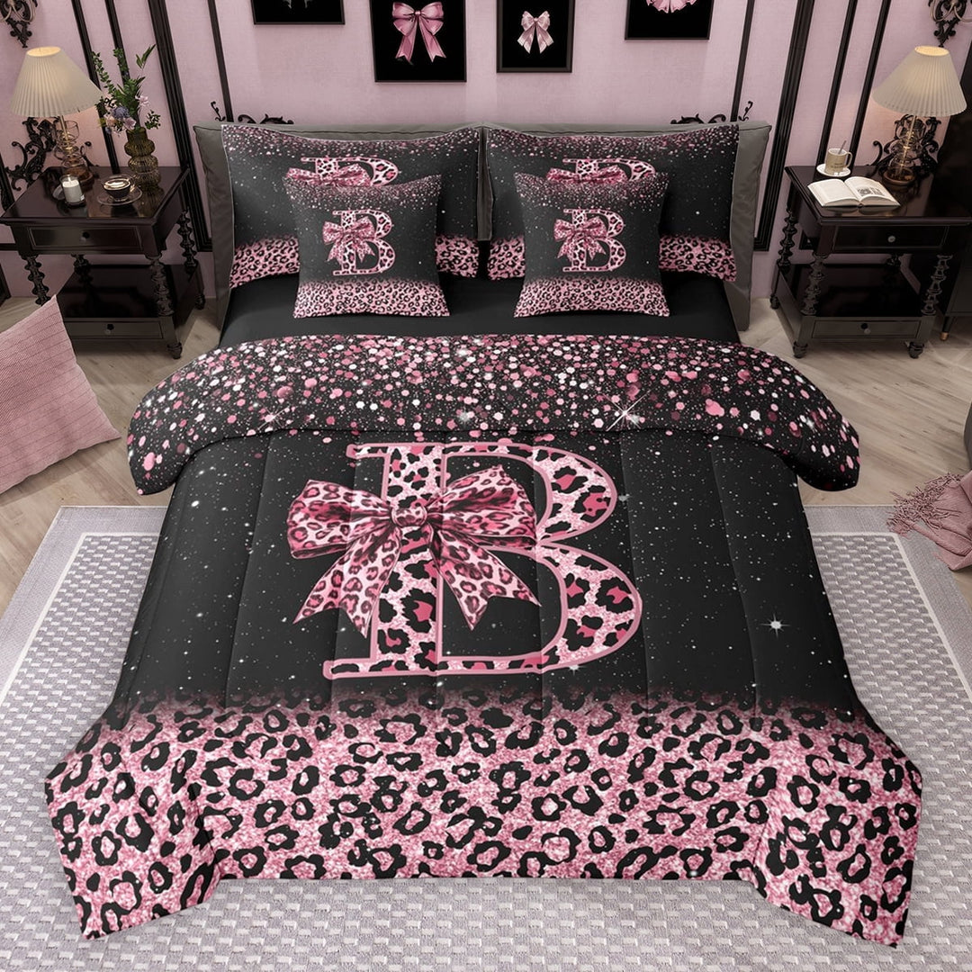 Erosebridal Cute Pink Leopard Print Twin Bedding Sets for Girls, Bowknot Letter B Bedding Comforter Set, Black Reversible 7pcs