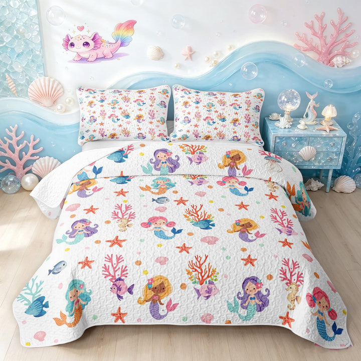 Manfei Kawaii Mermaid Princess Twin Quilt Set, Dreamy Sea Coral Twin Coverlet Set, White Pink, 2-Piece, 1 Bedspread and 1 Pillowcase