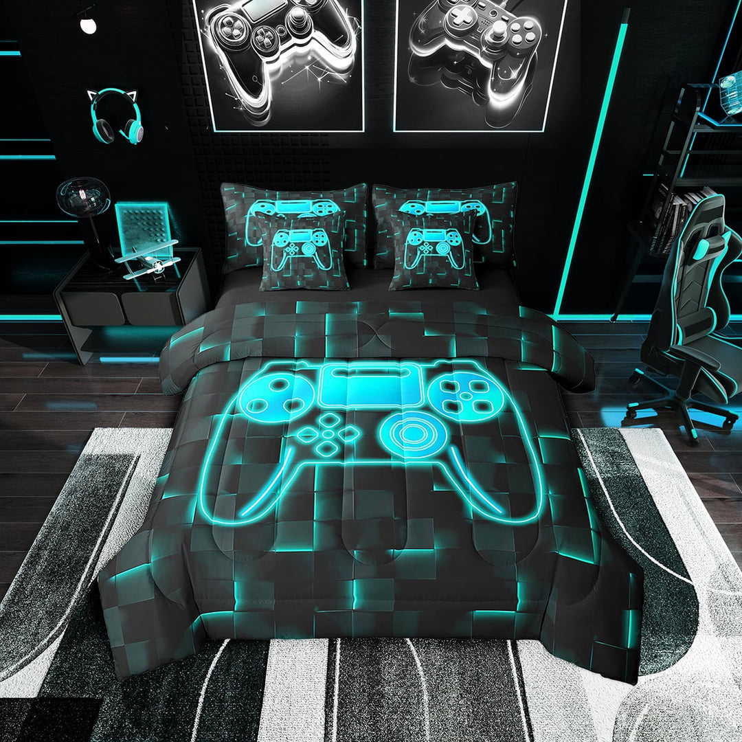 Erosebridal Video Game Bedding Full Size 7pcs Men, Neon Lines Comforter Sets with Sheets, Teal