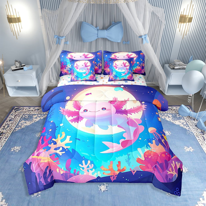 Erosebridal Cute Axolotl 7 Piece Bedding Set Twin Size Purple Mermaid Scale Print Comforter Set with Sheets Adult Cartoon Ocean Animal Bed in a Bag Cute Salamander Bed Set