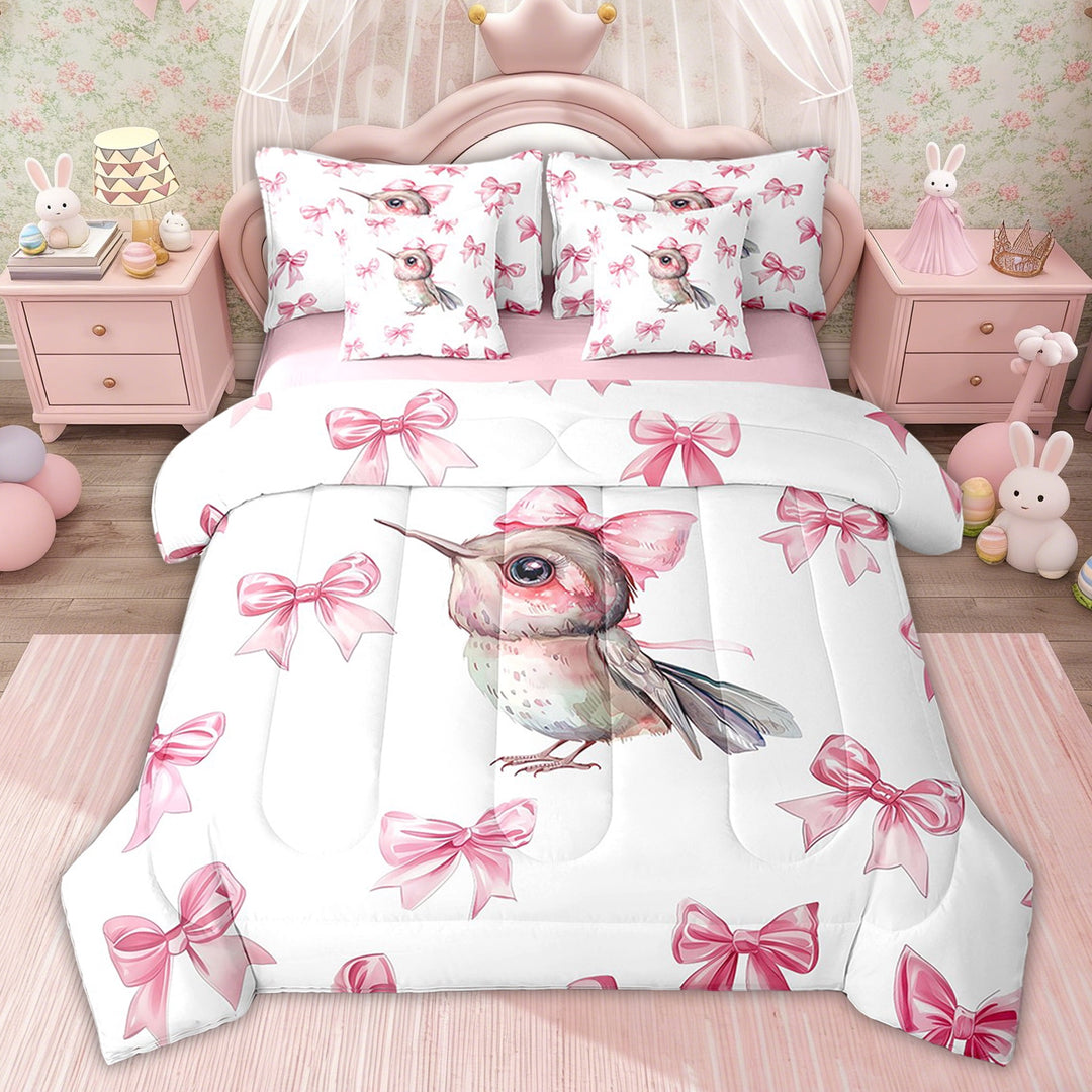 Erosebridal Princess Pink Bow-Tie Bedding Twin Comforter Set, Kawaii Hummingbird Comforter, Cartoon Wildlife Decor, Pink Reversible, 7pcs