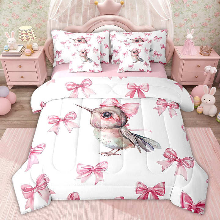 Erosebridal Princess Pink Bow-Tie Bedding Twin Comforter Set, Kawaii Hummingbird Comforter, Cartoon Wildlife Decor, Pink Reversible, 7pcs