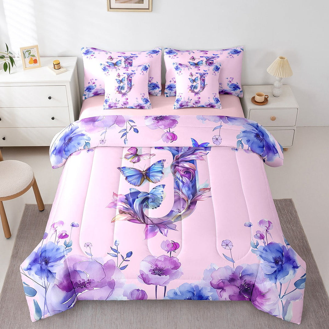 Erosebridal Initial Letter J Bed in a Bag Twin Size,Monogrammed Theme Bed Set,Butterfly Flower Floral Bedding Twin Size,Super Cozy Room Decorative Reversible,7 Pieces