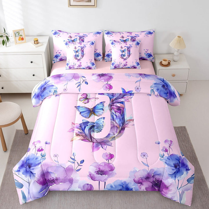 Erosebridal Initial Letter J Bed in a Bag Twin Size,Monogrammed Theme Bed Set,Butterfly Flower Floral Bedding Twin Size,Super Cozy Room Decorative Reversible,7 Pieces