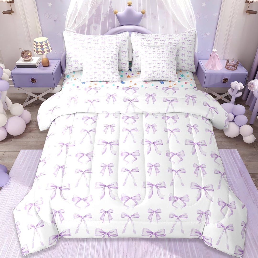 Erosebridal Cute Bows Bowtie 7-Piece Twin Bedding Sets For Kids,Cartoon Bowknot Print Bedding Comforter Set,Purple White,Reversible