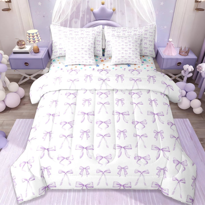 Erosebridal Cute Bows Bowtie 7-Piece Twin Bedding Sets For Kids,Cartoon Bowknot Print Bedding Comforter Set,Purple White,Reversible