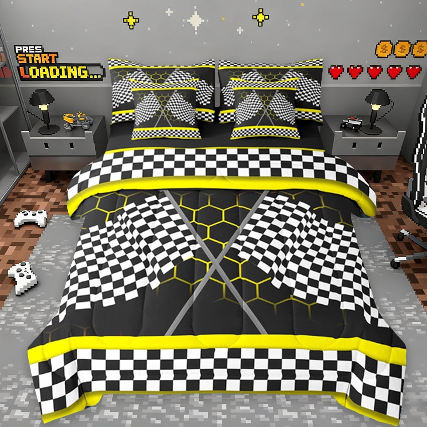 Erosebrida Racing Flag Bedding Twin Size, Neon Yellow Honeycomb Comforter Sets With Sheets, Extreme Racing Car Sportsbedding Sets Twin Size, Microfiber Room Decorative,7Pcs Reversible