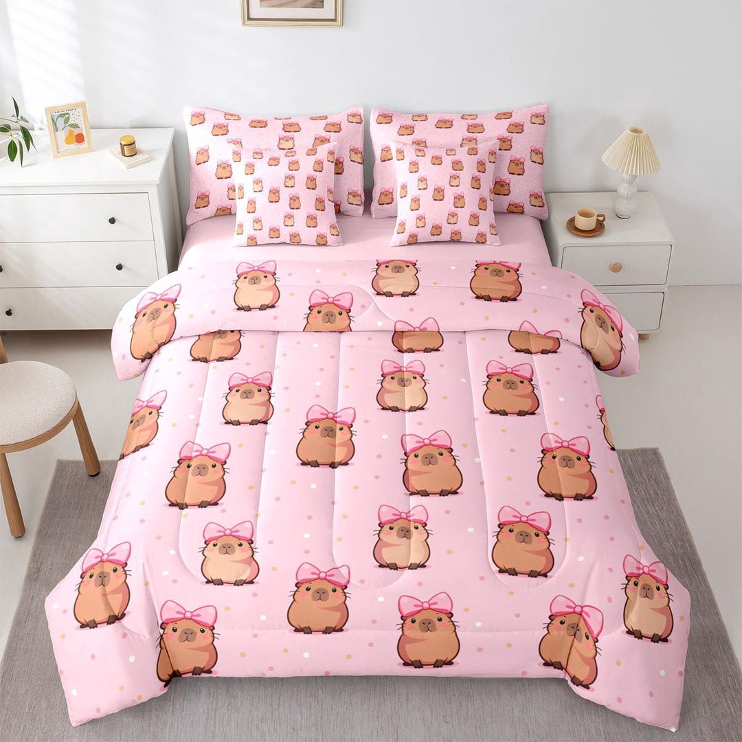 Erosebridal Animal Capybara With Bow Twin Bedding Sets 7-Piece For Boys Girls,Dreamy Ribbon Bowknot Bedding Comforter Set For Kids,Pink Reversible