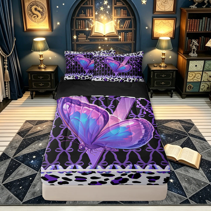 meiyoeat Purple Butterfly Zipper Twin Comforter Sets with Fitted Sheet and 2 Pillowcases for Kids Girls, Leopard Print Bow Zipper Bedding Set for Bedroom, Black Purple, Black ReversibleG