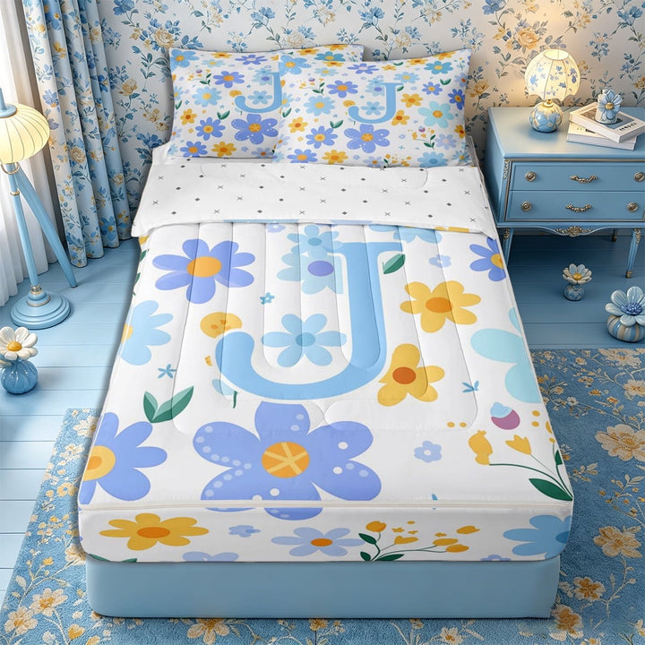 Meiyoeat Gentle Floral Letter J Zipper Twin Comforter Sets with Fitted Sheet and 2 Pillowcases for Girls Youth, Lovely Initial Zipper Bedding Set for Decor, Light Blue Yellow White,4-Piece