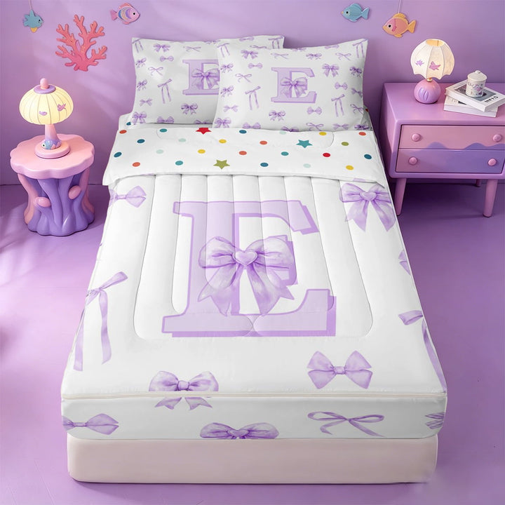 meiyoeat Girly Bow Initial E Zipper Twin Comforter Sets with Fitted Sheet and 2 Pillowcases,Lovely Bow Tie Watercolor Monogram Art Zipper Bedding Set For Girl,Reversible,4-Piece