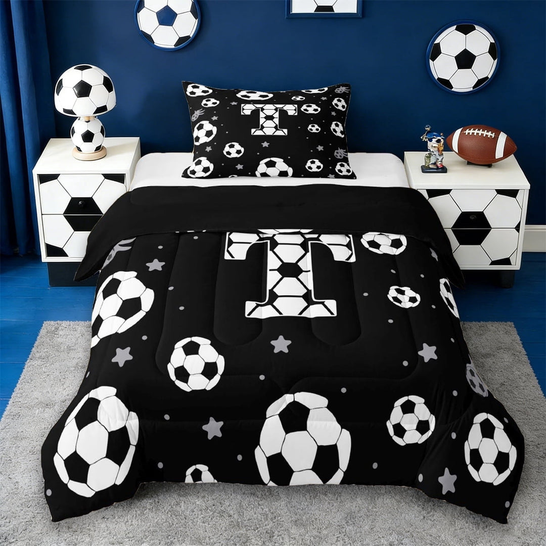 Erosebridal Cartoon Football Print Twin Comforter Sets,Black White T Alphabet Bedding Set For Soccer Lovers,Reversible Black 2-Piece