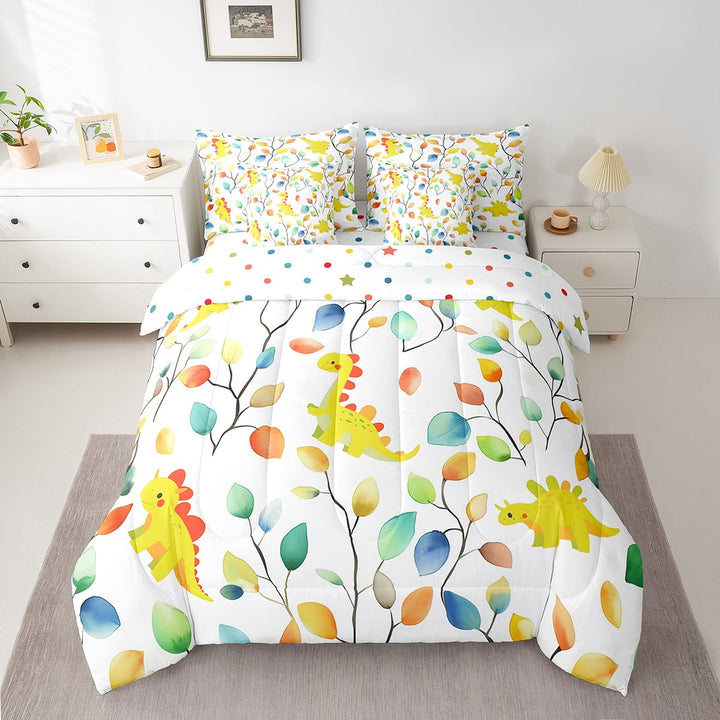 7Pcs Cartoon Dinosaur Bedding Comforter Sets Boho Floral Bed in a Bag, Colorful Leaves Twin Bedding Sets Abstract Watercolor Plant Comforter Set, Cute Animal Dino Bedding Sets