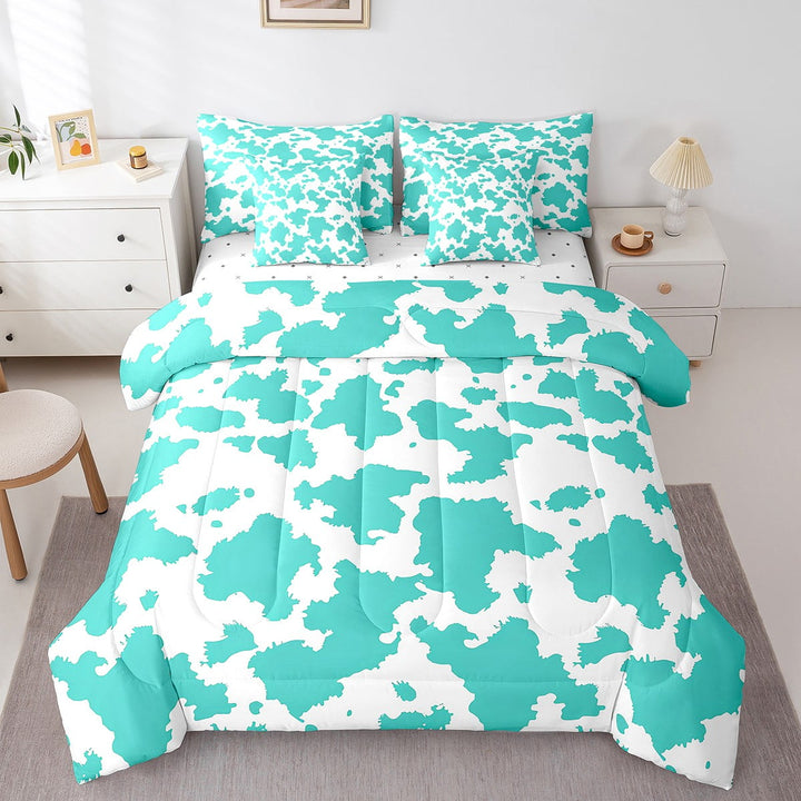 Teal Cowhide Full Size Comforter Sets - Bedding Sets 7 Pieces,Bull Cattle Cow Print Bed in a Bag Farmhouse Western Farm Animals Skin Bed Sets with Comforter,Sheets,Pillowcases &amp; Shams