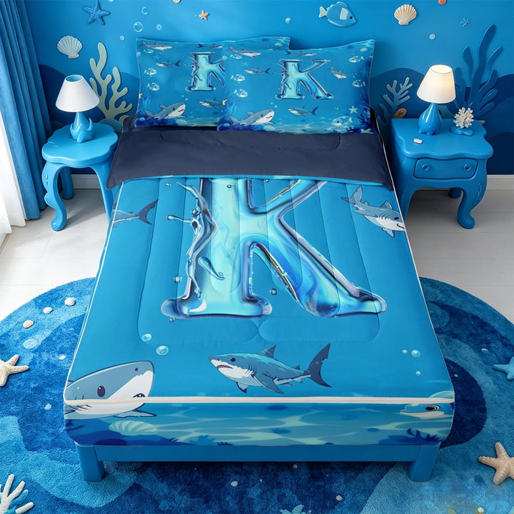 meiyoeat Boys Personalized Initial K Zipper Full Size Comforter Sets with Fitted Sheet and 2 Pillowcases For Boys,Ocean Animal Shark Zipper Bedding Set,Navy Blue Reversible,4-Piece