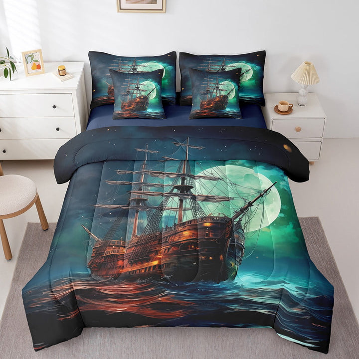 Pirate Ship Bedding Set Twin Size,Marine Sailboat Comforter Set,Ocean Waves Sailing Boat Teens (Comforter+Fitted+Flat Sheet+2 Pillowcases+2 Throw Pillow Covers) 7 Pieces Bed Set