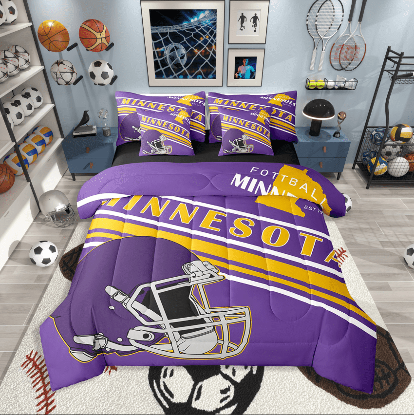 Erosebridal Ball Game Football Bedding Sets Twin Size,Purple Golden Comforter Sets with Sheets,Sport Theme Decor(Minnesota),Reversible,Breathable,7pcs