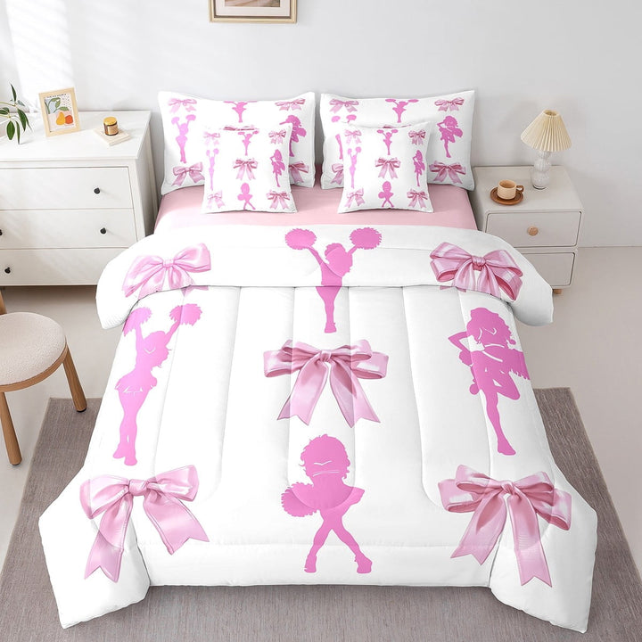 Erosebridal Cheerleading Cheerleader Bedding Sets Twin Size,Cheer Team Comforter Sets with Sheets,Kawaii Bow Bed in a Bag Twin size,Breathable Dreamy Room Decoration,Reversible,7pcs