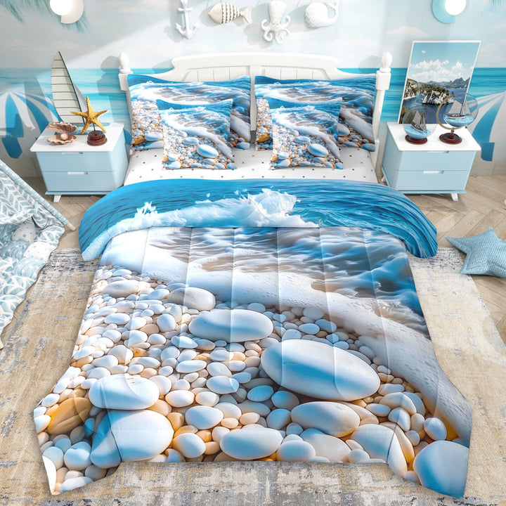 Erosebridal Ocean Stony Beach Twin Bedding Sets 7-Piece For Teens,Sea Theme Bedding Comforter Set,Microfiber Bedroom Decor