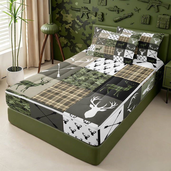meiyoeat Rustic Patchwork Deer Zipper Twin Comforter Sets with Fitted Sheet and 2 Pillowcases For Boys,Vintage Farmhouse Camouflage Hunting Zipper Bedding Set, Green Brown,Black Reversible,4-Piece