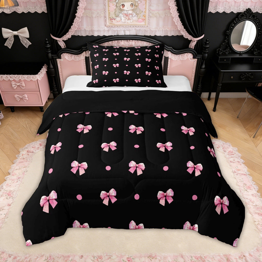 Erosebridal Fashion Bow Twin Comforter Sets for Girls, Black Pink Polka Dot Bedding Set for Women, Black Reversible, 2 Pieces