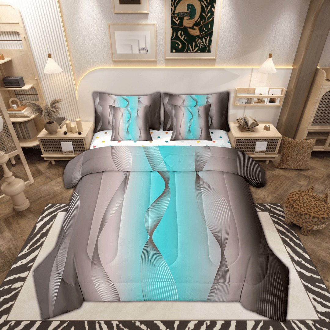 Gradient Terra Brown and Teal Bed in a Bag King Size Comforter Set 7 Pieces,Silver Foil Print Wave Striped Bedding Sets Abstract Ombre Art Sheet Set with Comforter