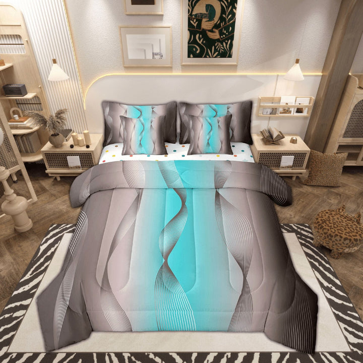 Gradient Terra Brown and Teal Bed in a Bag King Size Comforter Set 7 Pieces,Silver Foil Print Wave Striped Bedding Sets Abstract Ombre Art Sheet Set with Comforter