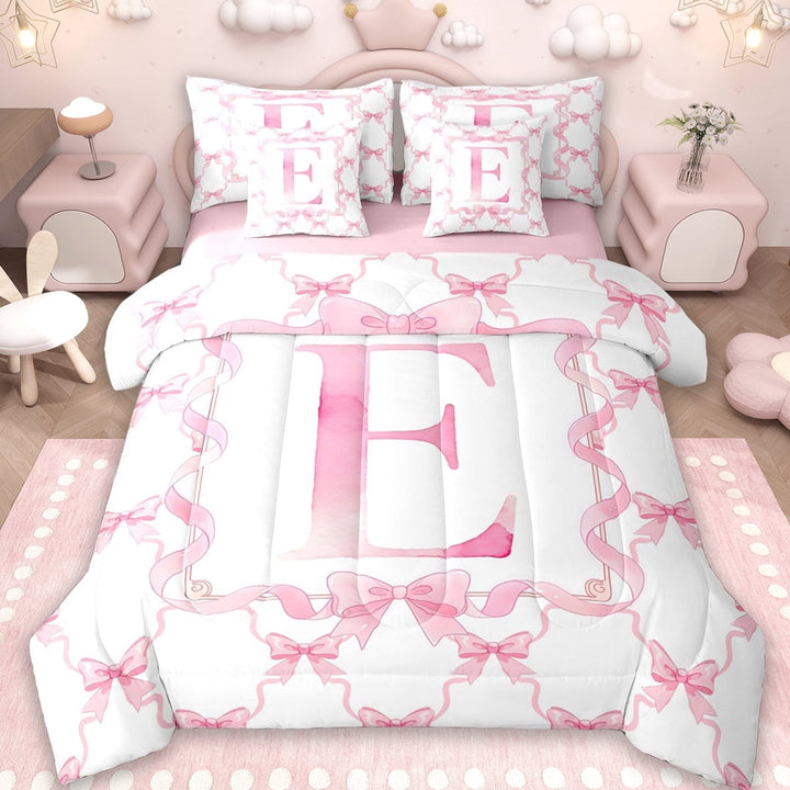 Erosebridal Dreamy Princess Bowknot Kids 7-Piece Twin Bedding Sets,Pink Letter E Print Bedding Comforter Set For Kids,Reversible pink