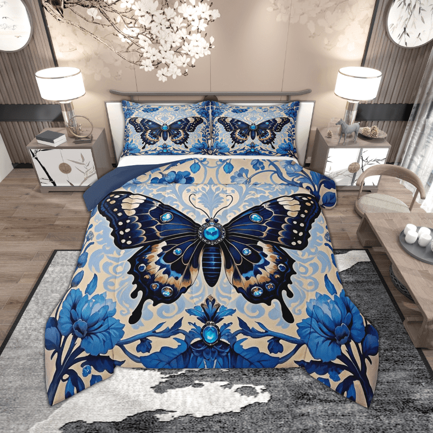 Manfei Chic Butterfly Bedding Sets Toddler with Comforter, Bohemian Damask Mandala Duvet Insert, Botanical Floral Flower Comforter Sets Toddler Size, Super Cozy Bedroom Decorative, 2pcs Reversible