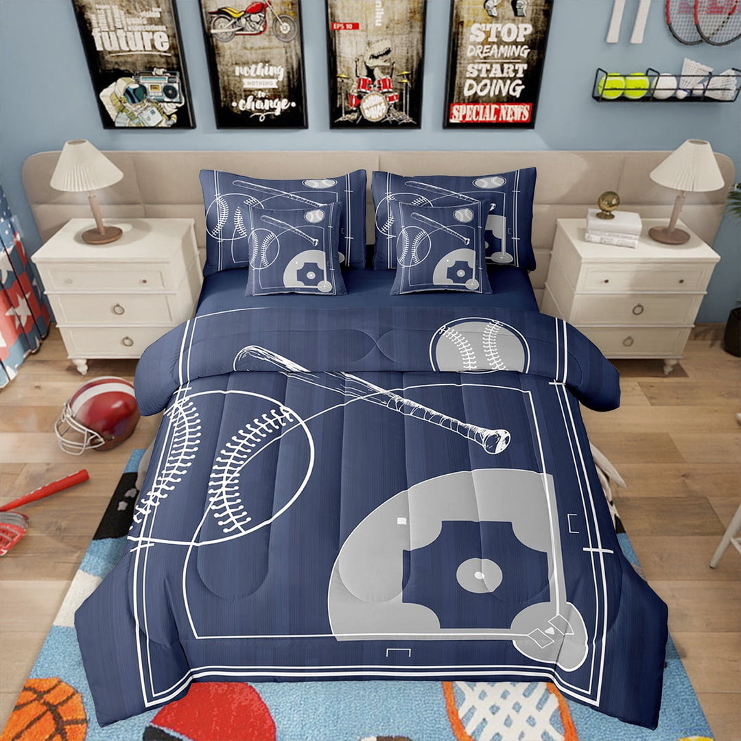 Baseball Bedding Full Size 7pcs Sport Bed in a Bag, Baseball Printed Reversible Comforter Set Navy Blue Grey Bedding Comforter Sets, Ball Gaming Bedding Accessories