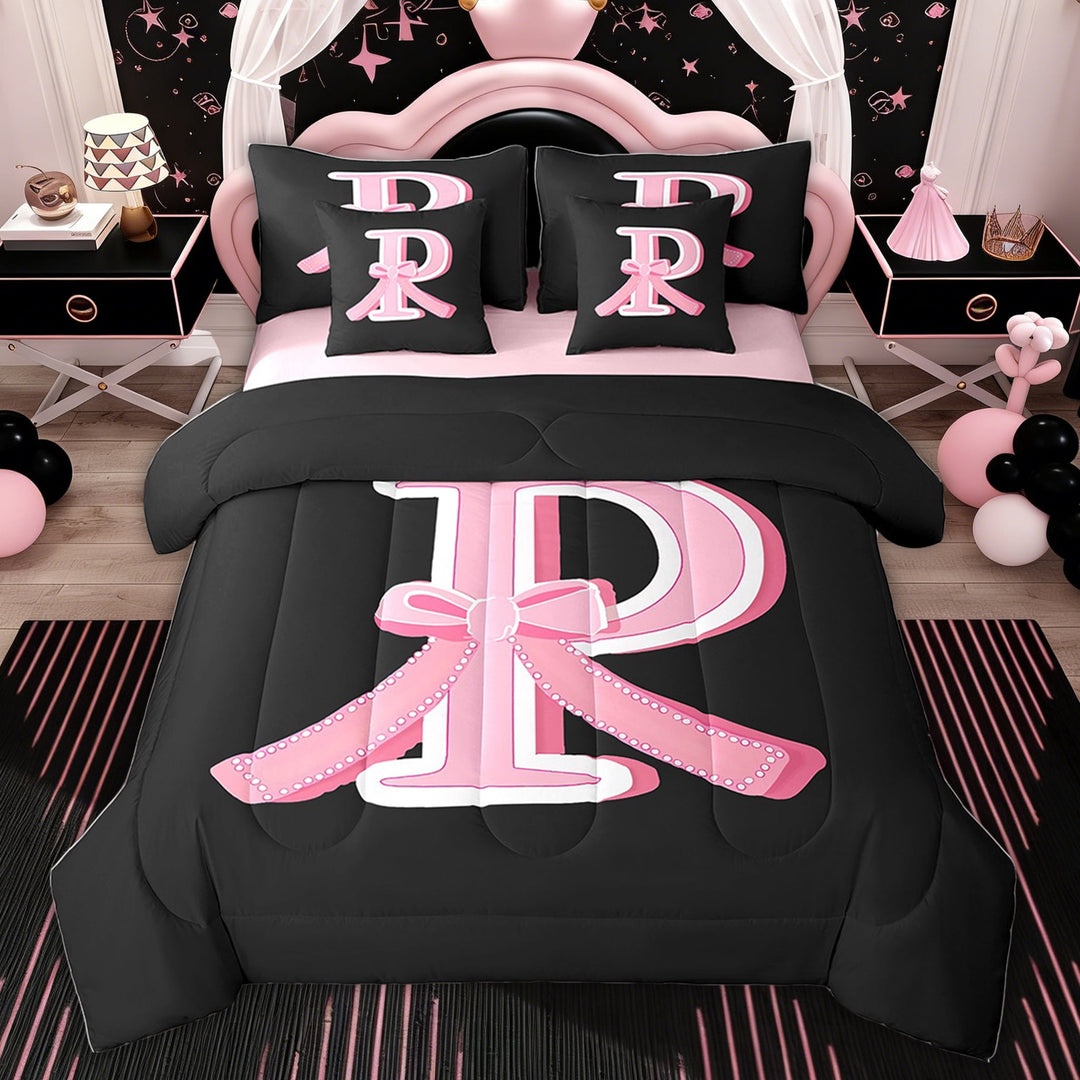 ErosebridalKids Kawaii Initial Letter Bedding Twin Size, Monogrammed P Bedding Sets Twin Size, Cute Ribbon Bow Reversible Bed Set, 7pcs