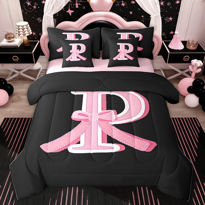 ErosebridalKids Kawaii Initial Letter Bedding Twin Size, Monogrammed P Bedding Sets Twin Size, Cute Ribbon Bow Reversible Bed Set, 7pcs