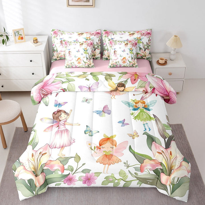 Erosebridal Princess Fairy Elf Bedding Sets Twin Size For Girls,Dreamy Flower Comforter Sets With Sheets,Butterfly Room Decortive,Reversible,Breathable,7Pcs