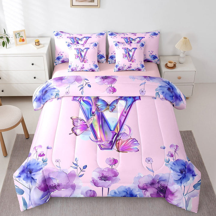 Erosebridal Initial Letter V Bed in a Bag Twin Size,Colorful Butterfly Bed Set,Tropical Botanical Floral Bedding Twin Size,Breathable Bedroom Decor Reversible,7 Pieces